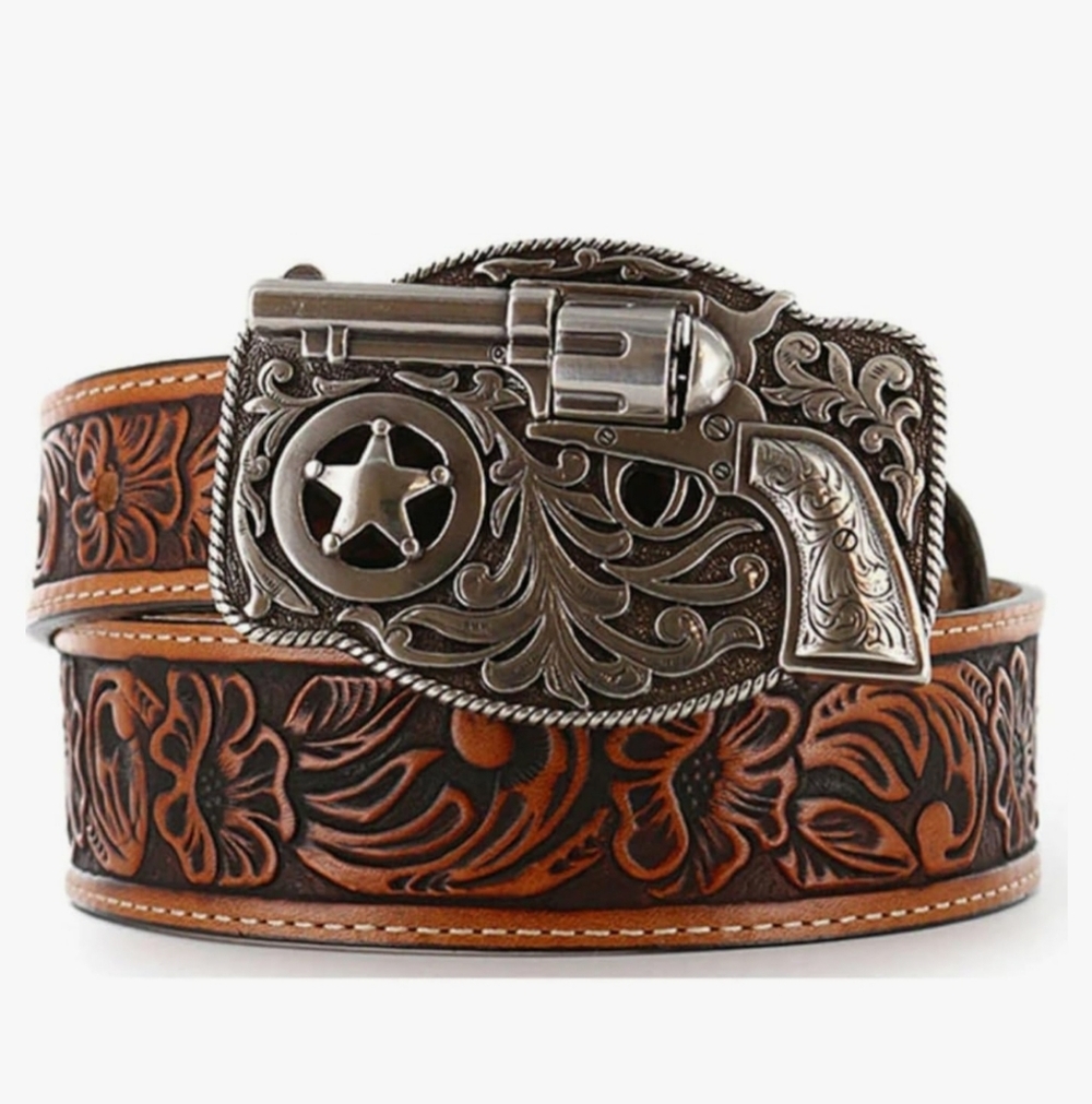 Justin Lil Trigger‎ Brown Leather Belt With Pistol Gun Belt Buckle Boys Size 23"
